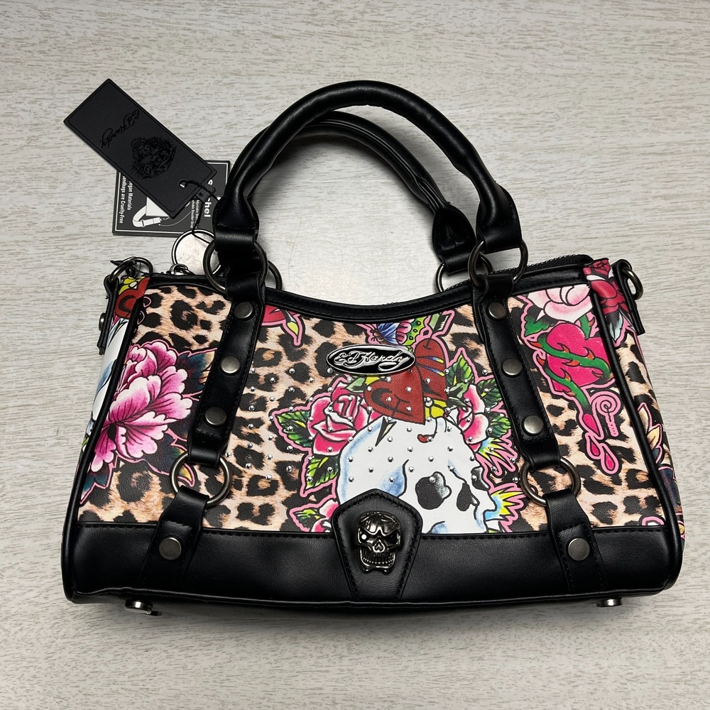 Ed Hardy Satchel Bag Womens Multi Leopard Floral Print Detachable Shoulder Strap